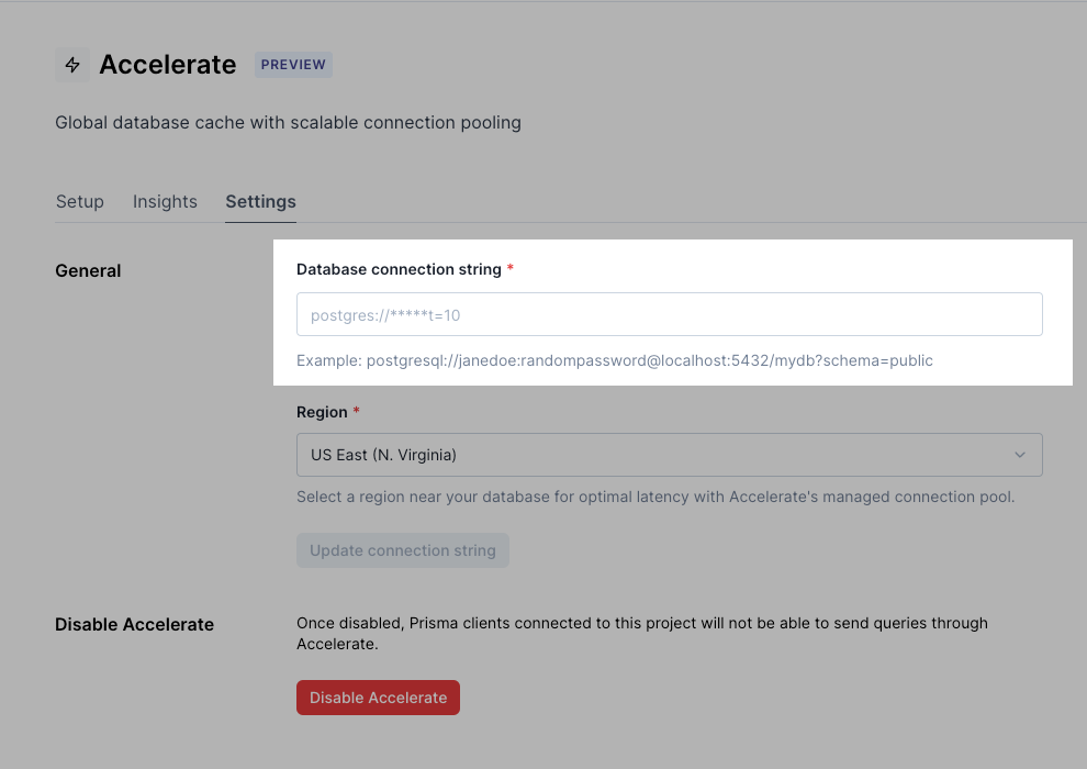 Update database connection string in Accelerate