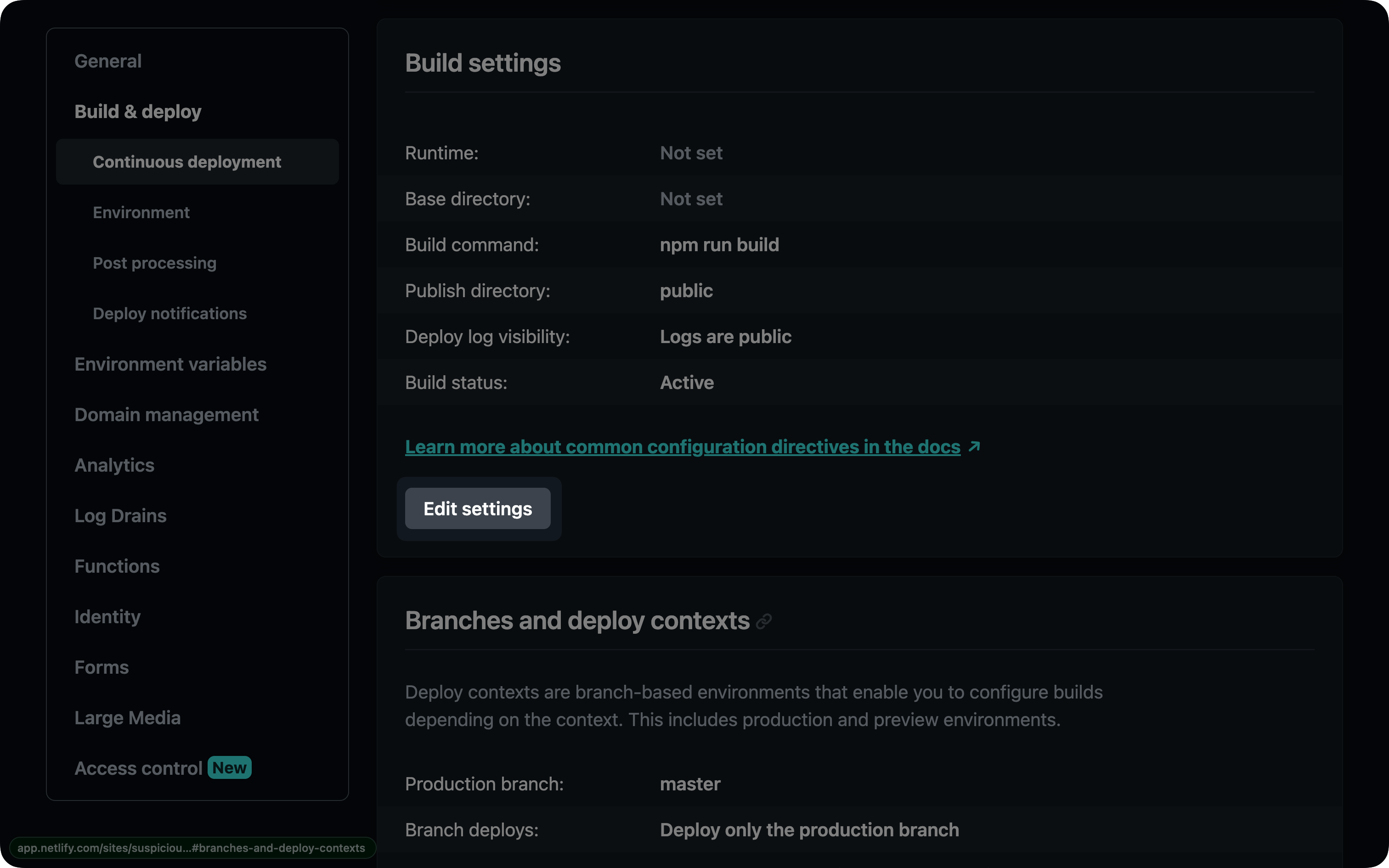 Netlify project dashboard's Build settings button