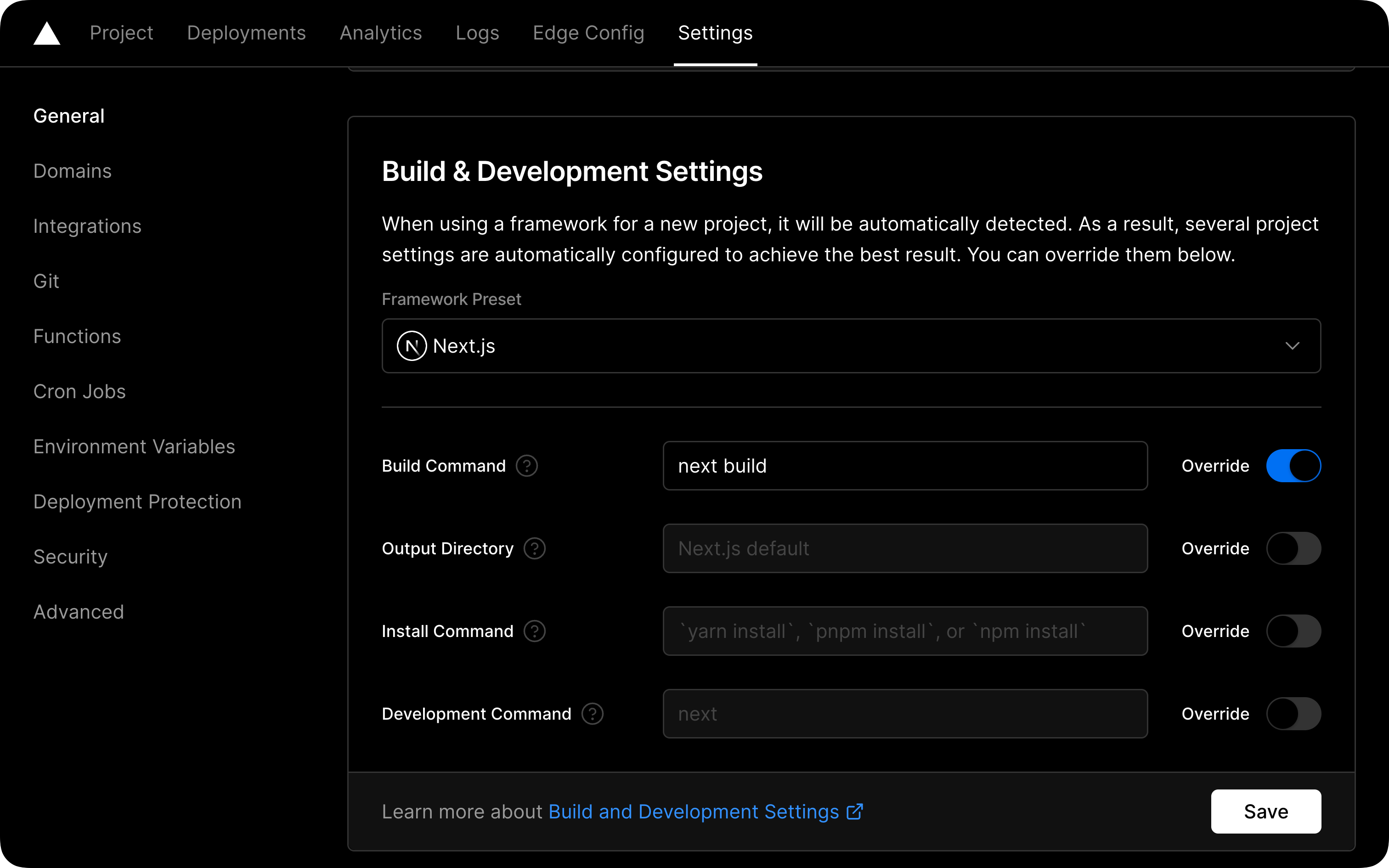 Vercel project dashboard's Build Command setting